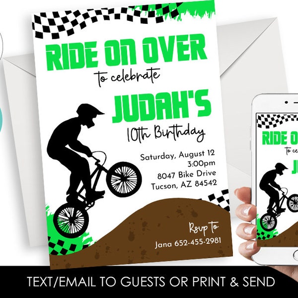 Editable BMX Birthday Invitation Invite Racing Digital 5x7 Kids ANY AGE Ride on Over Party Bike