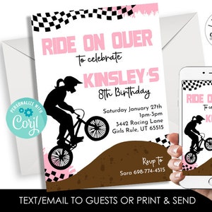 Editable BMX Birthday Girl Invitation Pink Digital 5x7 Invite Template Instant Download Racing Bikes Party