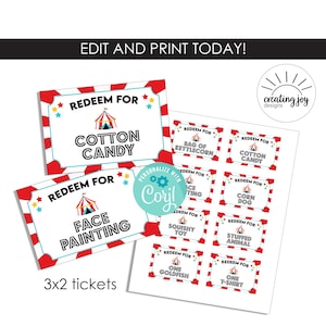 Carnival Tickets Editable Template Circus Event Instant Download Redeem For Coupons
