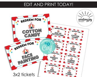 Plantilla editable para boletos de carnaval. Evento de circo. Descarga instantánea. Canjea por cupones.