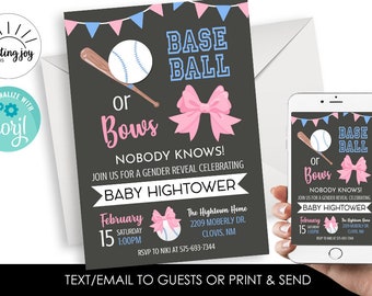 Editable Baseball or Bows Gender Reveal Invitation Invite Digital 5x7 He She Girl Boy Pink Blue Party Chalkboard