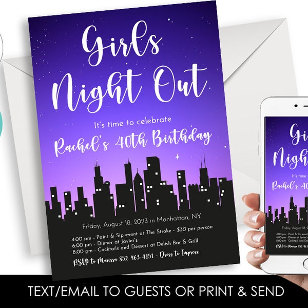 Editable Girls Night Out Invitation Invite Digital 5x7 City Skyline Town Party Birthday ANY OCCASION Corjl