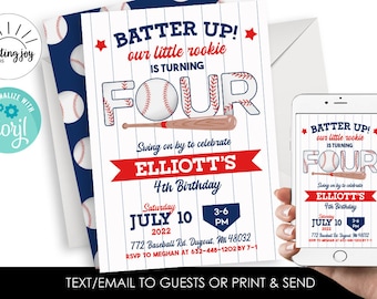 Editable Baseball Invite 4th Invitation FOUR Kids Birthday Digital 5x7 Boy Sports Rookie Allstar Party