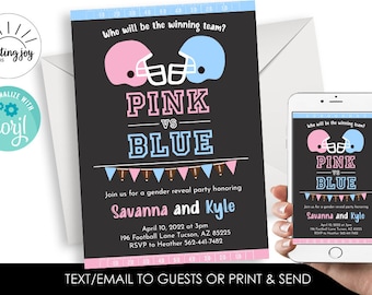 Editable Football Gender Reveal Invitation Invite 5x7 Chalkboard Pink Blue Sports Digital Tutu Touchdowns Party