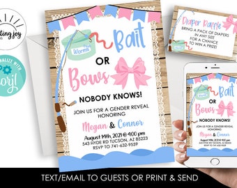 Editable Bait or Bows Invite Invitation Gender Reveal Digital 5x7 Diaper Raffle Set Fishing PINK BLUE