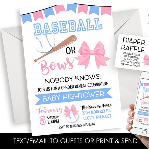 Baseball or Bows Gender Reveal Invitation Baseball and Bows Etsy