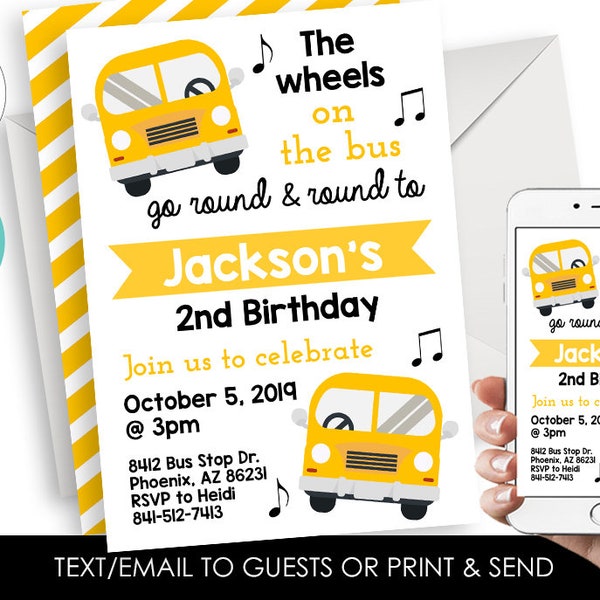 Editable Wheels on the Bus Invitation Invite School Bus Song Birthday Digital 5x7 Kids ANY AGE