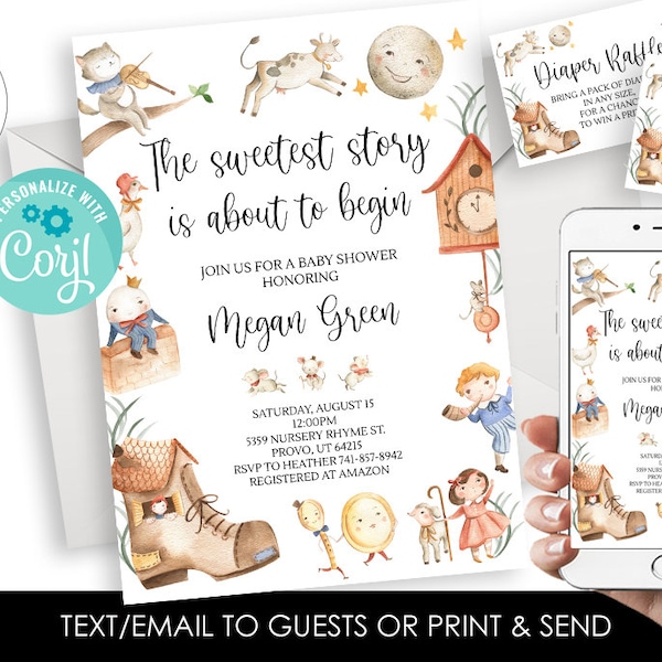 Editable Nursery Rhyme Baby Shower Invitation Lullabies Storybook Invitation Invite Digital 5x7 Template Instant Download Watercolor