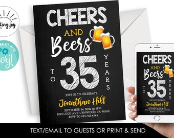 Editable Cheers and Beers Invitation Men Guys Invite Adult 5x7 Birthday Party Chalkboard Digital File