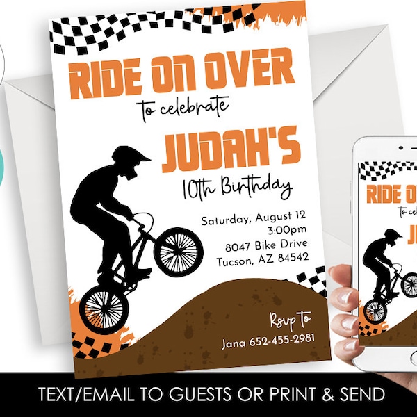 Editable BMX Birthday Invitation Invite Digital Orange Boys Racing Bikes 5x7 Instant Download