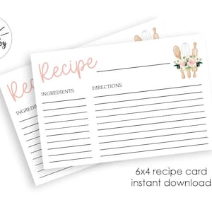 Recipe Card Printable Digital 6x4 Instant Download Kitchen Watercolor Theme Whisked Away