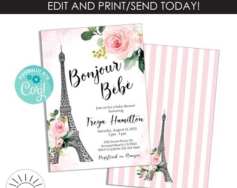 Invitación editable Bonjour Bebe Invitación Baby Shower París Francia Plantilla 5x7 Descarga instantánea elegante Acuarela