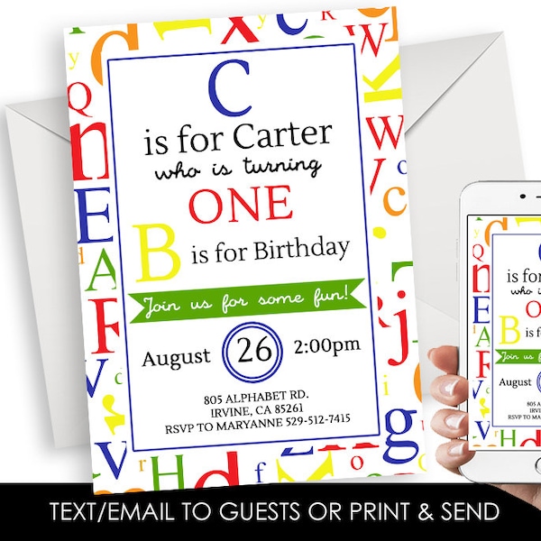 Editable Alphabet Birthday Invite Digital Invitation ABC 123 5x7 Kids Neutral Children Learning School