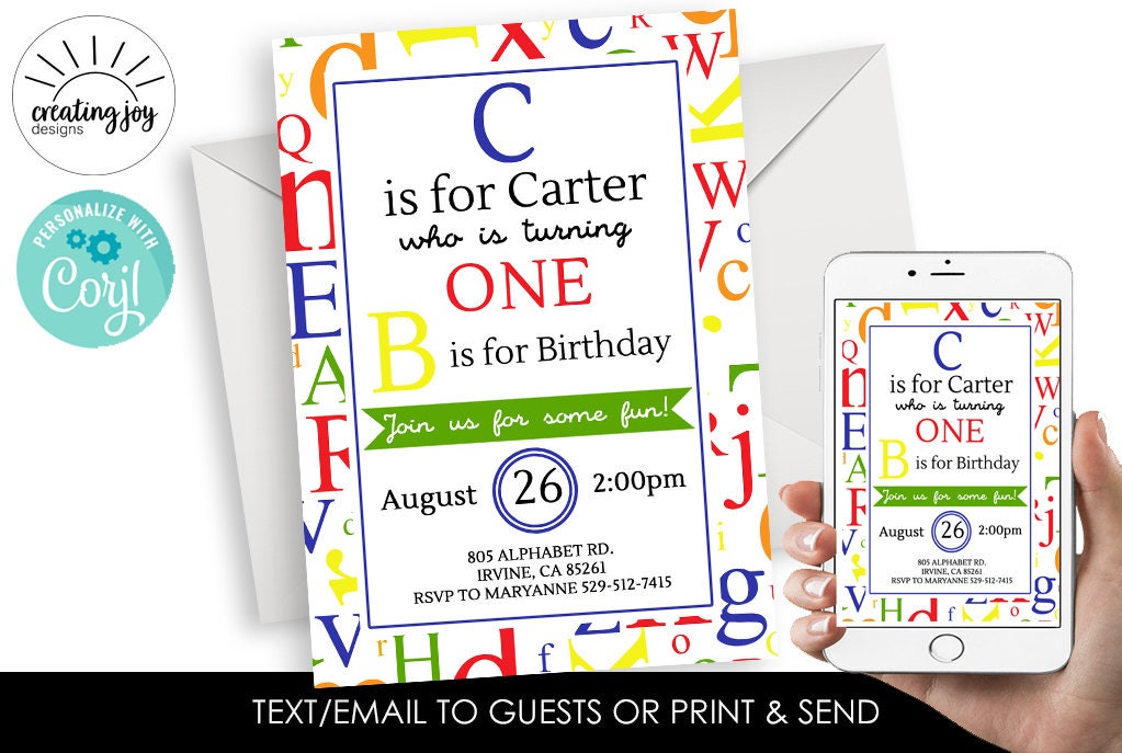 Editable Alphabet Birthday Invite Digital Invitation ABC 123 5x7 Kids Neutral Children Learning School