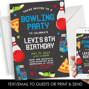Editable Bowling Birthday Invitation Invite Digital 5x7 Kids Party Bowl ANY AGE Bowling Alley Arcade Corjl