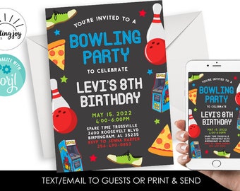 Editable Bowling Birthday Invitation Invite Digital 5x7 Kids Party Bowl ANY AGE Bowling Alley Arcade Corjl