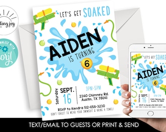 Editable Water Gun Invitation Pool Party Birthday Invite Digital Personalized ANY AGE 5x7 Kids Boys Watergun Soaked