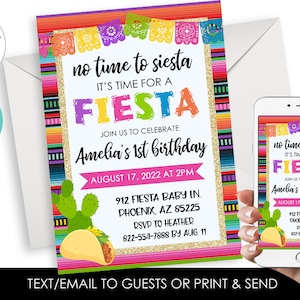Editable No time for Siesta Fiesta Invitation Invite Digital Birthday 5x7 ANY AGE Kids Adults Taco Cactus Serape Party
