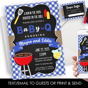 Editable Baby Q Invitation Invite Blue Baby BBQ Shower Digital 5x7 Bundle Set Gingham Sprinkle