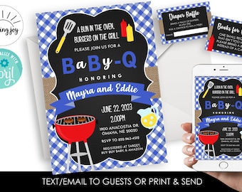 Editable Baby Q Invitation Invite Blue Baby BBQ Shower Digital 5x7 Bundle Set Gingham Sprinkle