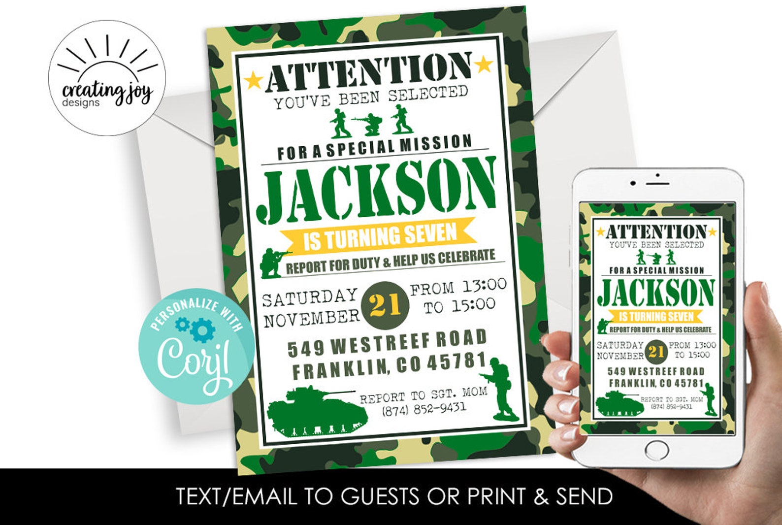 Editable Army Invite Soldier Invitation Green Men Camo Military ...