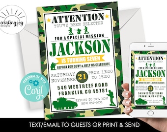 May include: A green, brown, and yellow camouflage pattern birthday invitation for a boy's 7th birthday party. The invitation features a cartoon tank, soldiers, and the text "ATTENTION YOU'VE BEEN SELECTED FOR A SPECIAL MISSION JACKSON IS TURNING SEVEN REPORT FOR DUTY & HELP US CELEBRATE SATURDAY NOVEMBER 21 FROM 13:00 TO 15:00 549 WESTREEF ROAD FRANKLIN, CO 45781 REPORT TO SGT. MOM (874) 852-9431".