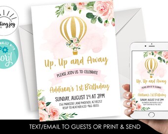 Może przedstawiać: Różowe i złote zaproszenie do wydrukowania z balonem na gorące powietrze i wzorem kwiatowym. Tekst brzmi "Up, Up and Away" i "Addison's 1st Birthday".