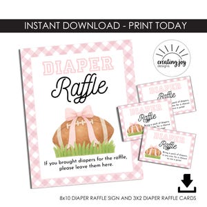 May include: A pink and white gingham-patterned diaper raffle sign and cards. The sign features the words "Diaper Raffle" with a football and bow graphic. The cards have the same design and text: "Bring a pack of diapers, in any size, for a chance to win a prize!"