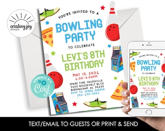 Editable Bowling Birthday Invitation Invite Digital 5x7 Kids Party Bowl ANY AGE Bowling Alley Arcade Corjl