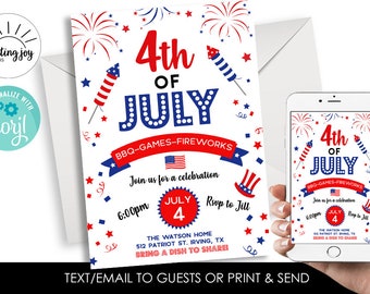 Editable 4th of July Invitation Invite Party BBQ Fourth America Patriotic Independence Day Digital 5x7 Corjl