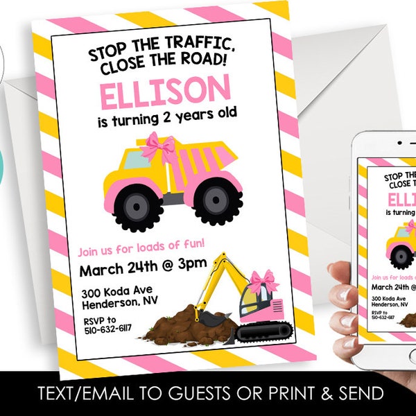 Editable Girl Dump Truck Invite Construction Invitation Birthday Party Digital 5x7 ANY AGE Personalized Chalkboard Pink Bows