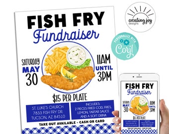 Könnte beinhalten: Ein blaues und weißes kariertes Plakat wirbt für eine Fischbrathilfe in der St. Luke's Church am Samstag, den 30. Mai von 11:00 bis 15:00 Uhr. Das Plakat zeigt eine Illustration von gebratenem Fisch, Pommes Frites, Tartarensauce und Zitronenscheiben. Die Veranstaltung kostet 15 € pro Teller und bietet auch die Möglichkeit zum Mitnehmen.