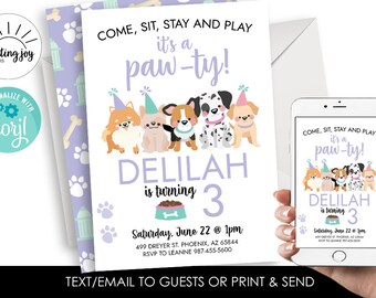Editable Dog Birthday Invitation Doggy Puppy Kids Template Girls Lavender Digital 5x7 Invite Instant Download Purple