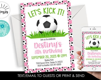 Editable Soccer Birthday Invitation Invite Pink Green Girls Kids Party Corjl Futbol Sports Ball Kick It