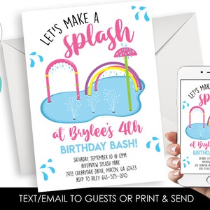 Editable Splash Pad Birthday Invitation Digital 5x7 Pink Kids Party Invite Water Park Pool Girls