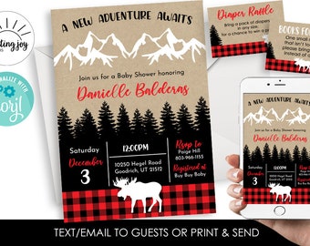 Editable Lumberjack Baby Shower Invitation Invite Sprinkle Buffalo Plaid 5x7 Red Black Moose Personalized Adventure