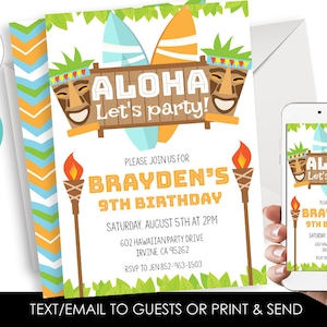 Editable Hawaiian Invitation Invite Aloha Luau Digital Birthday Tiki Torches Surfboard ANY AGE 5x7 Boys Kids Surfing Beach