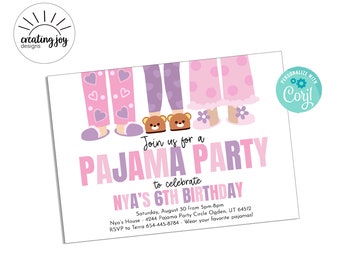 Editable Pajama Party Birthday Invitation Invite 7x5 Digital Template Girls Purple Pink Instant Download