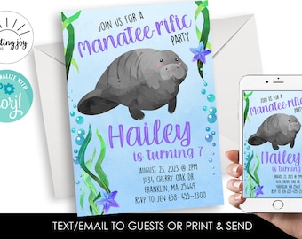 Editable Manatee Birthday Invitation Invite Digital 5x7 Ocean Girls Sea Party Corjl Watercolor Kids