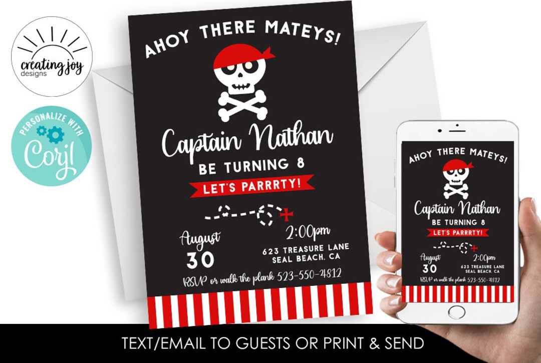 Editable Pirate Invitation Invite Pirates Skulls Kids ANY AGE Ahoy ...