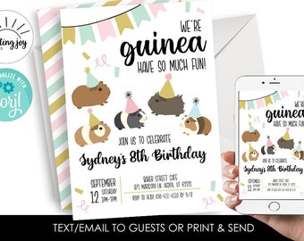 Editable Guinea Pig Invitation Invite Digital Girl Birthday 5x7 Pink Gold Party Kids Pets Instant Download Template