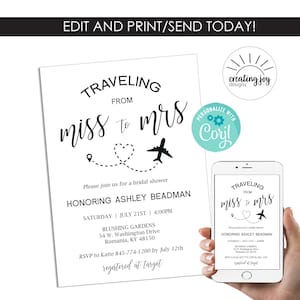 BEWERKBARE reizen vrijgezellenfeest uitnodigen eenvoudige uitnodiging moderne sjabloon 5 x 7 digitale Instant Download zwart wit Miss to Mrs