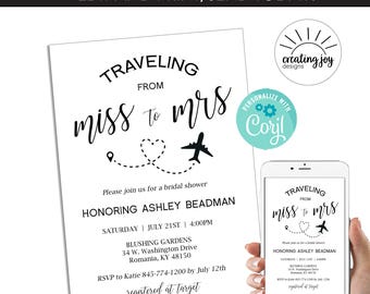 EDITABLE Travel Bridal Shower Invite Simple Invitation Modern Template 5x7 Digital Instant Download Black White Miss to Mrs