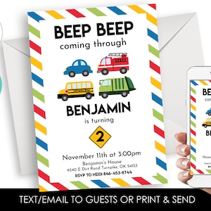 Editable Car Birthday Invitation Invite Party Transportation Auto 5x7 Boys Kids Digital Personalized Corjl