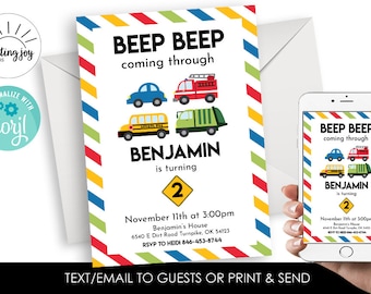 May include: A colorful invitation for a 2nd birthday party with a "Beep Beep" theme. The invitation features a yellow school bus, a red fire truck, a blue car, and a green garbage truck. The text on the invitation reads "Beep Beep coming through" and "Benjamin is turning 2".