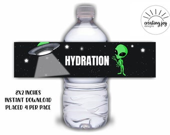 Alien Birthday Water Bottle Labels Digital 8x2 Instant Download Hydration Kids Party Birthday Green Black