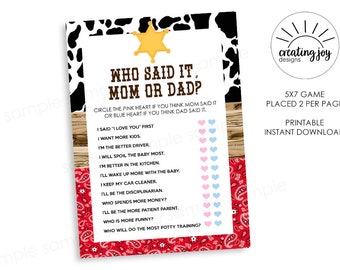 Vaquero que lo dijo, mamá o papá, juego, juegos, digital, rojo, baby shower, espolvoreado, imprimible, descarga instantánea