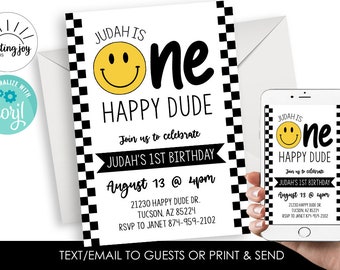 Editable ONE Happy Dude Invitation, ONE Smile Face 1st Invite Birthday, Party Template Instant Download Retro 90's Fun