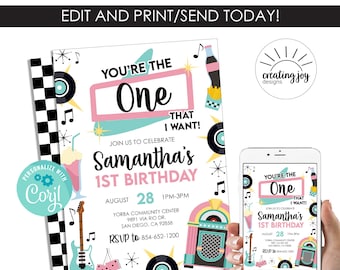You're the ONE that I Want Invitation Invite 50's Grease Theme 1st First Digital 5x7 Instant Download
