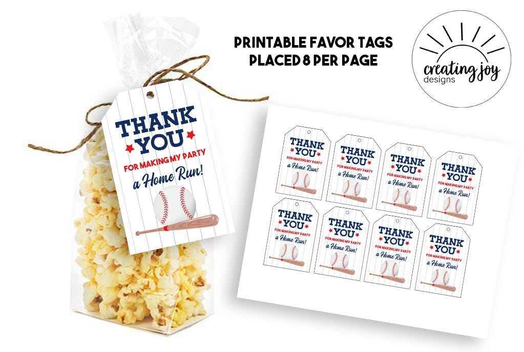Printable Baseball Favor Tags Digital Thank You Favors Birthday Party ...